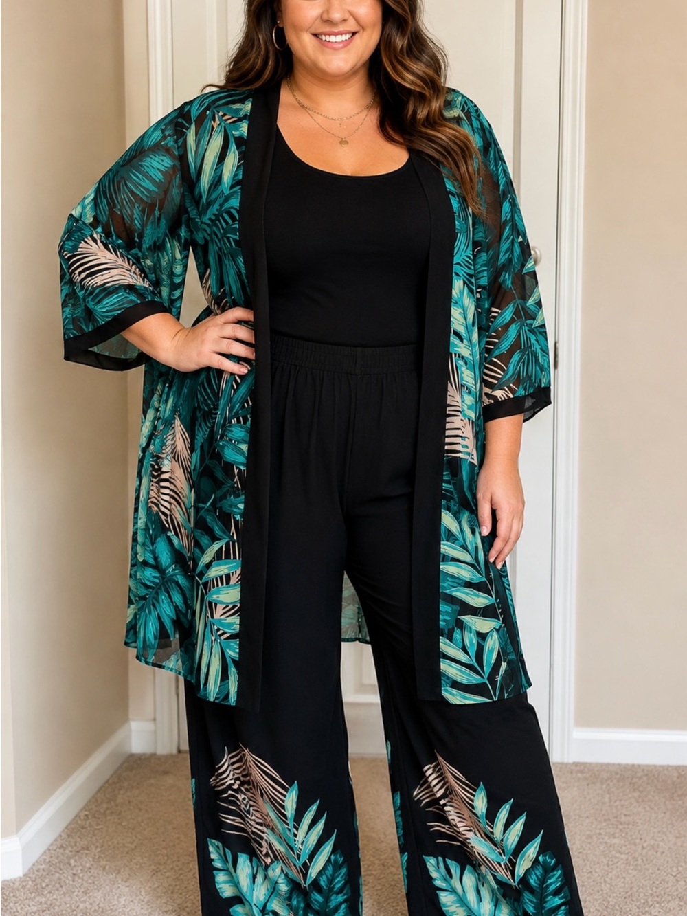 Cacique Teal and Black Tropical Leaf Open-Front Kimono
